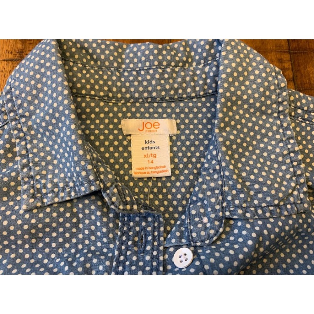nwt Joe Fresh kids sz xl polka dot button down shirt blue double pocket - Picture 2 of 4